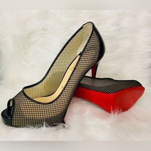 Christian Louboutin “Very Rete 120” Black Mesh Peep Toe Heels